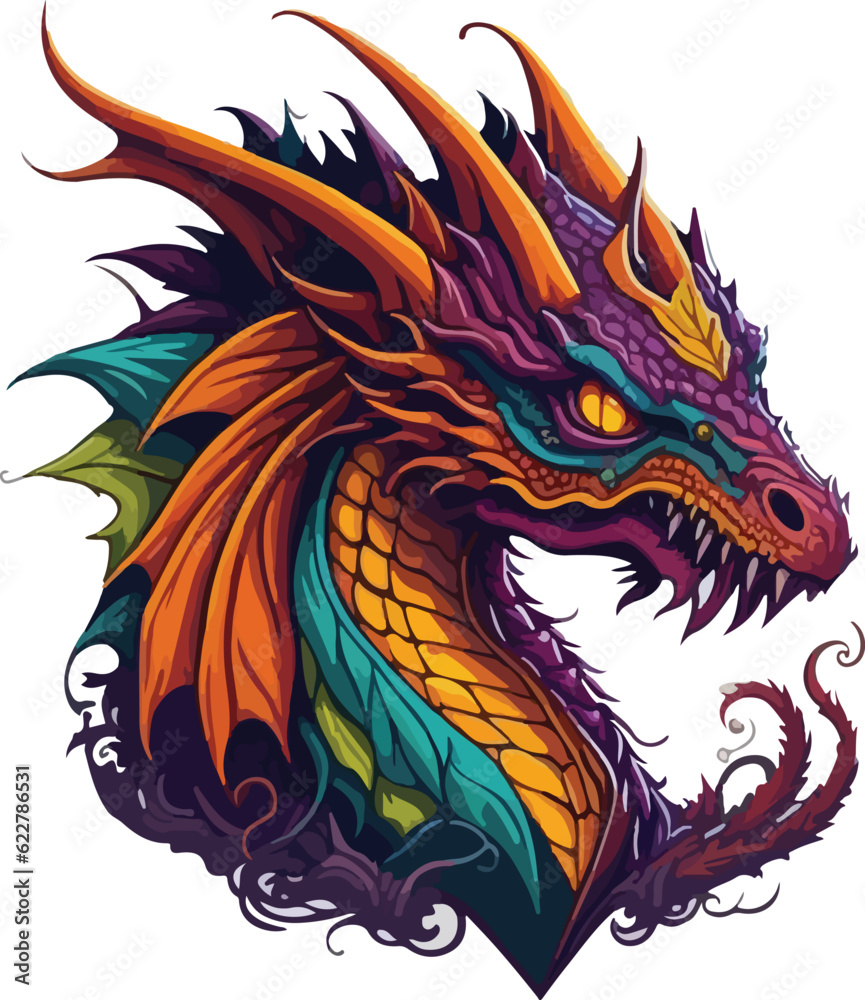 Colorful dragon face vibrant bold vivid colors t-shirt design vector illustrations. Radiant draconic demeanor
