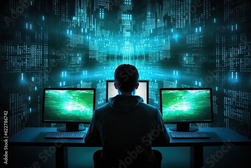 Back view of a hacker infront of few monitors. A person sitting in front of multiple monitors. Abstract image of a hacker. Computer security threat.