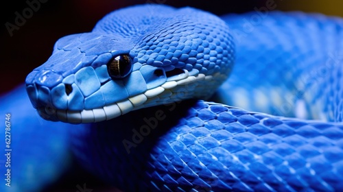 A blue viper snake on branch against black background photo