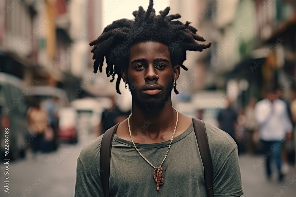 Fototapeta premium Handsome black man with dreadlocks in the city.