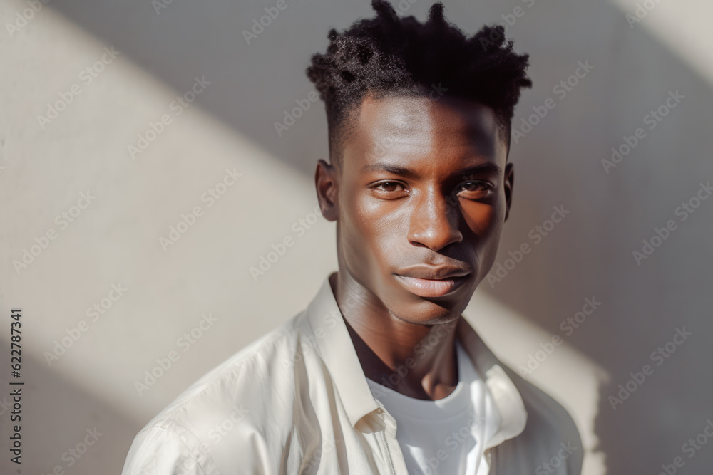 © ADDICTIVE STOCK - Young African american man portrait outdoors. Generative AI.