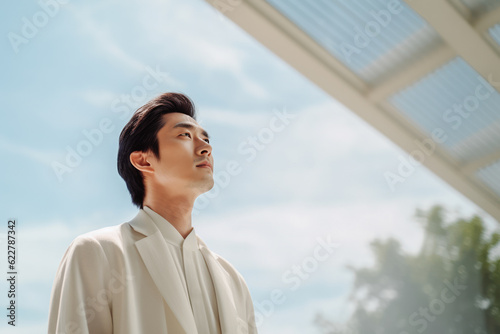 Low angle view of Asian man looking up outdoors. Generative AI. photo