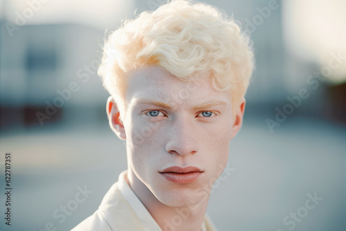Young male albino with blonde hair outdoors. Generative AI.