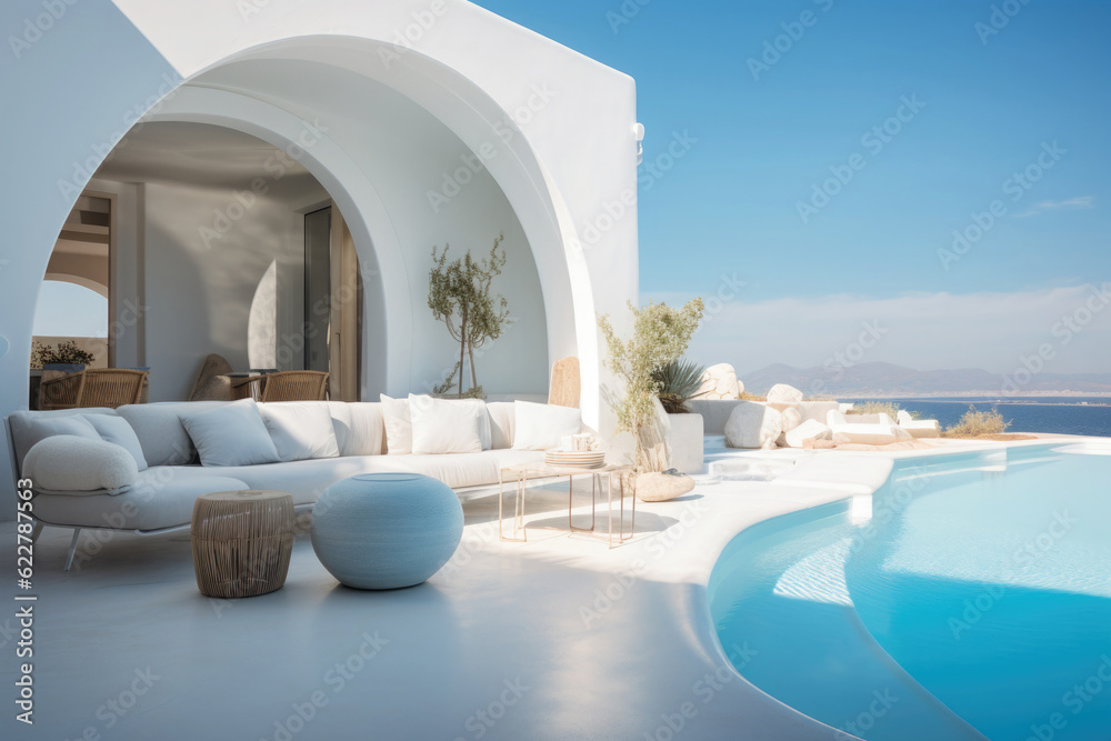 Luxury hotel resort with swimming pool. Lounge zone in villa with modern exterior made of white stone. Created with Generative AI