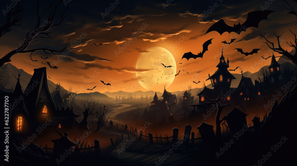 Silhouette of haunted house, bats and spooky trees on orange background. Halloween design. Created with Generative AI
