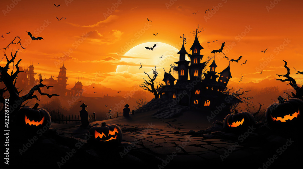 Silhouette of haunted house, bats and spooky trees on orange background. Halloween design. Created with Generative AI