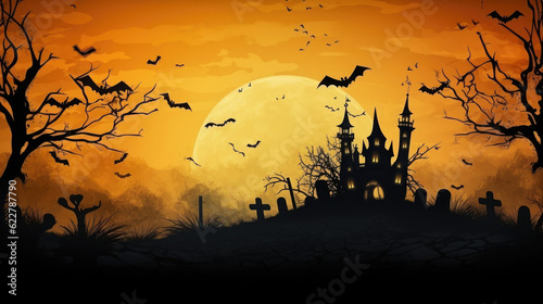 Silhouette of haunted house  bats and spooky trees on orange background. Halloween design. Created with Generative AI
