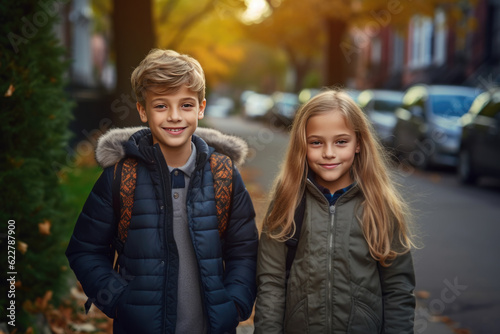 Generative AI illustration of happy schoolkids in warm clothes with backpacks smiling and looking at camera while standing on city street photo