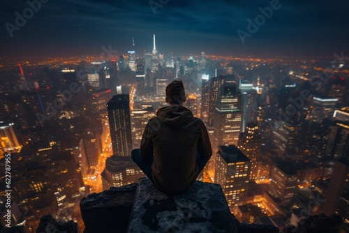 young boy sitting down on the rooftop of a skyscrapper looking down to the city at night photo