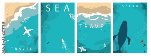 Tela Sea waves, coastline top aerial view vector illustration set