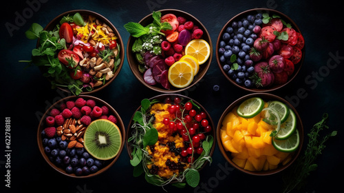 top view colorful mixed salad bowls with toppings of fruits