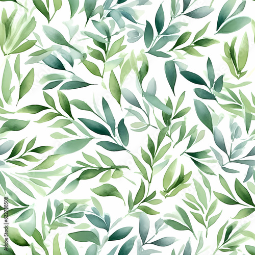 Seamless pattern with green leaves  vector illustration in vintage watercolor style.