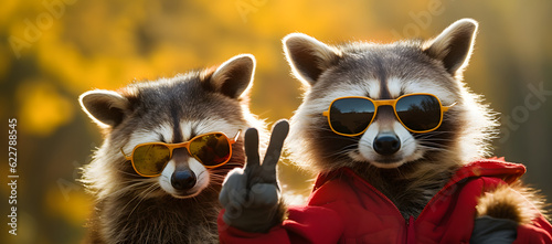 Portrait of Raccoons Wearing Sunglasses
