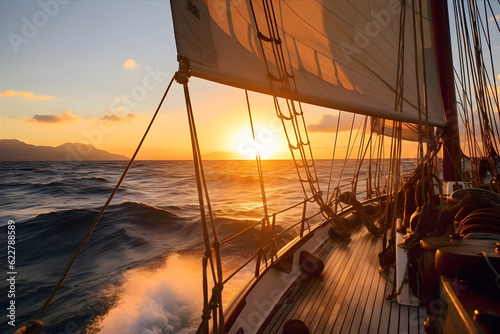 A group of adventurers sailing across a vast open sea  under a vibrant sunset sky  a mix of anticipation and freedom.
