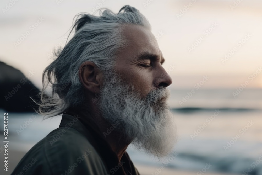 Close up of handsome medium-aged meditating man with gray hair and beard on the ocean shore, with closed eyes - obrazy, fototapety, plakaty 