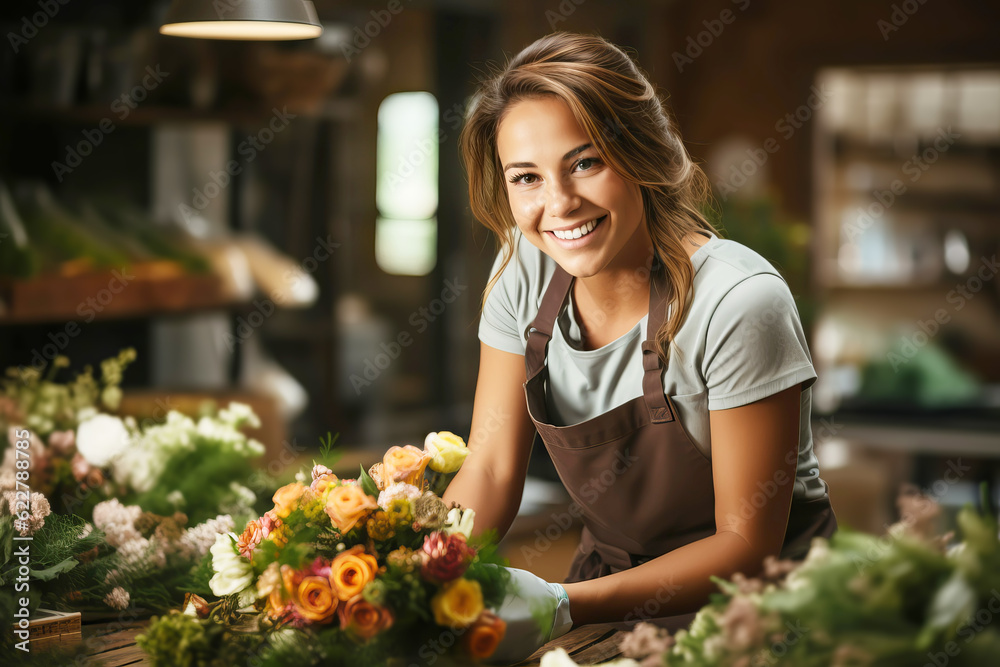 Beautiful woman florist creating bouquet in flower shop. Small business. Generative AI illustration