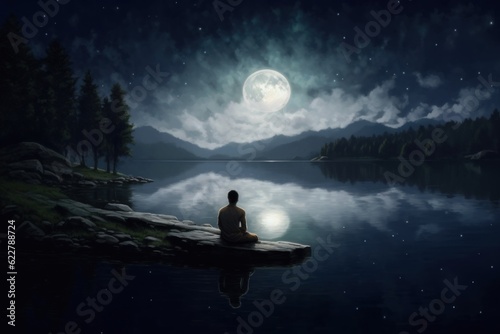 Back view of meditating man sitting by a lake with reflection of moonlight on the water