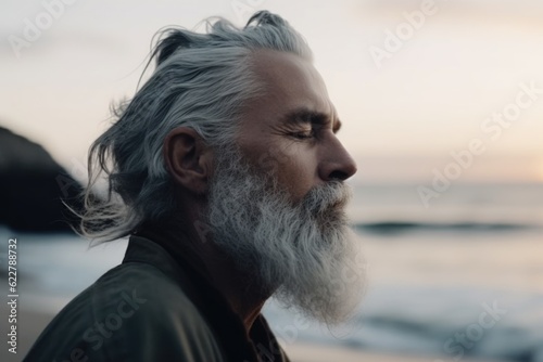 Close up of handsome medium-aged meditating man with gray hair and beard on the ocean shore, with closed eyes