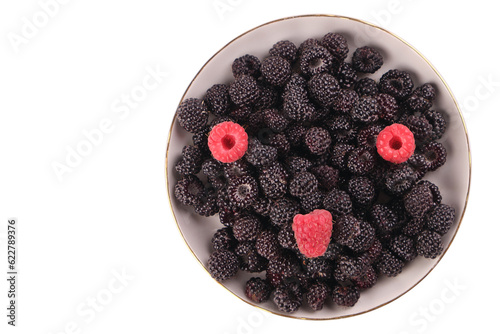 raspberry, black raspberry in a plate, isolate on white photo