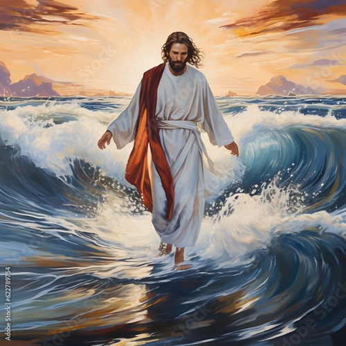 Jesus Christ walking on water during storm at sunset. AI generated
