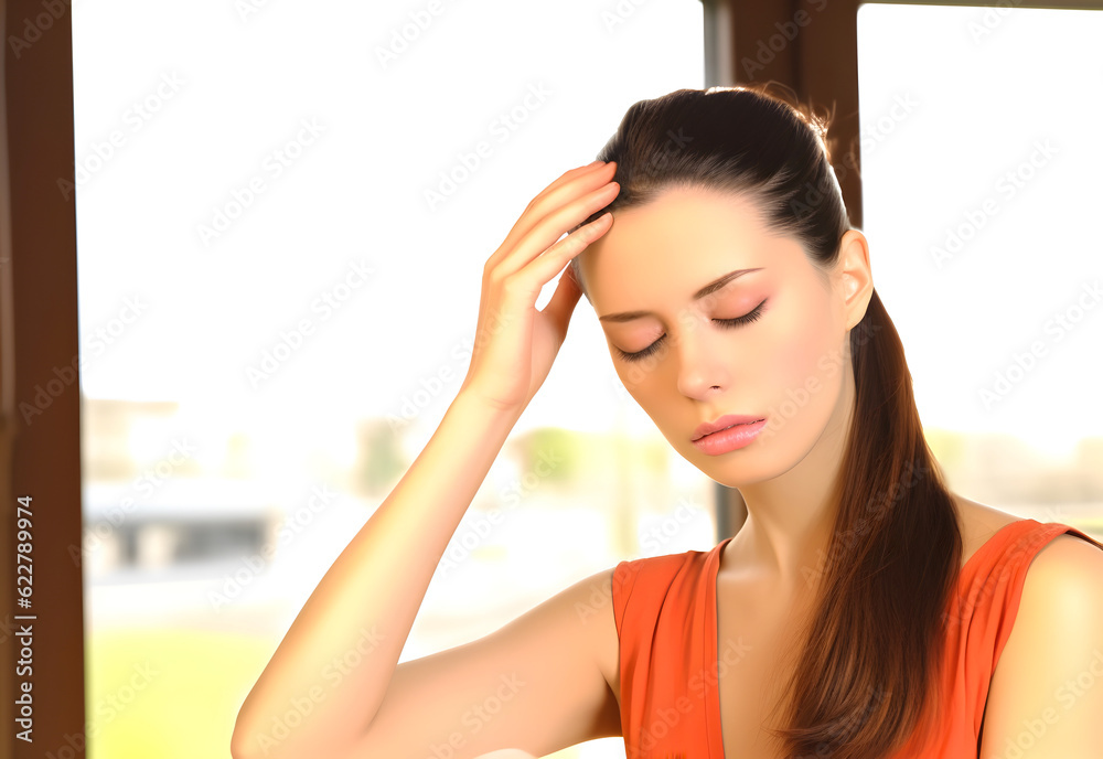Asian beautiful woman suffering dizziness, vertigo, headache, fainting attack or stress. AI generated Asian beautiful woman suffering dizziness, vertigo, headache, fainting attack or stress. AI generated