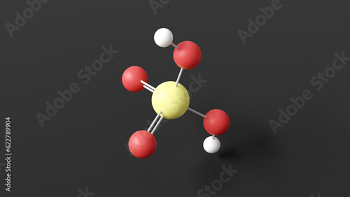 sulfuric acid molecule, molecular structure, mineral acid, ball and stick 3d model, structural chemical formula with colored atoms