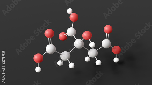 citric acid molecule, molecular structure, colorless weak organic acid, ball and stick 3d model, structural chemical formula with colored atoms
