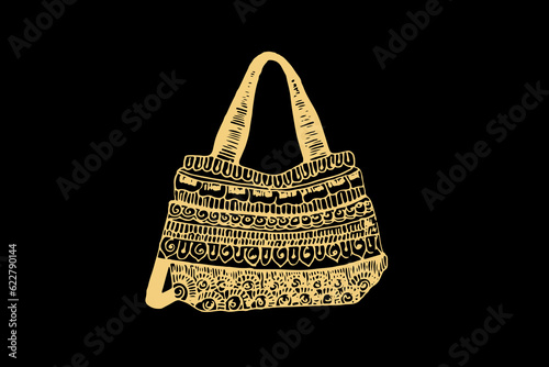 Zentangle art for Ladies Handbag with gold color isolated on dark black background - vector illustration