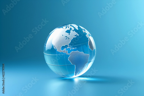 Beautiful transparent globe on blue background. Education concept. Studying maps and using geographic tools. Innovative educational materials. Tourism and travel