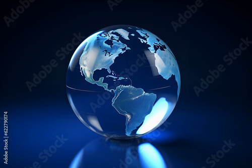 Transparent glass globe with reflection on blue background. Education concept. Studying maps and using geographic tools. Innovative educational materials. Tourism and travel