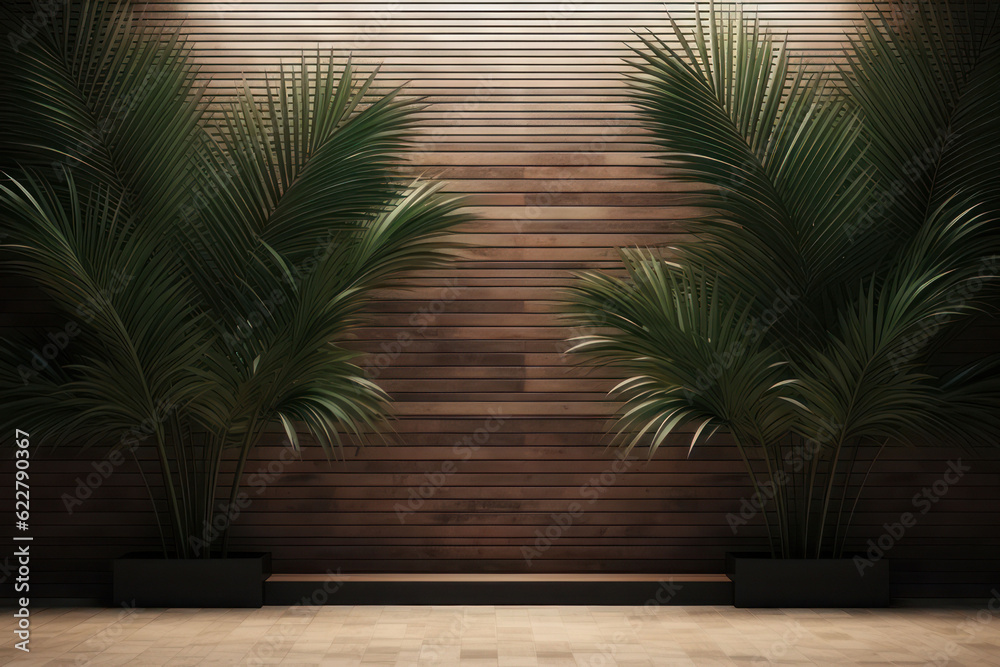 Background, two palm trees in pots on the background of a wooden wall. AI generative. Background, two palm trees in pots on the background of a wooden wall. AI generative.