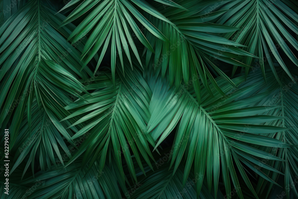 Background, green palm leaves. AI generative.