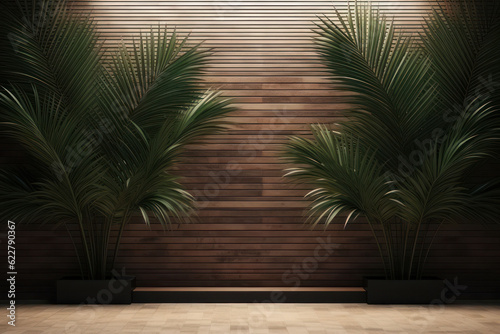 Background  two palm trees in pots on the background of a wooden wall. AI generative.