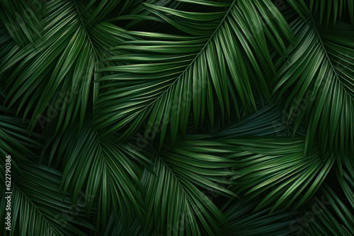 Background  dark green palm leaves. AI generative