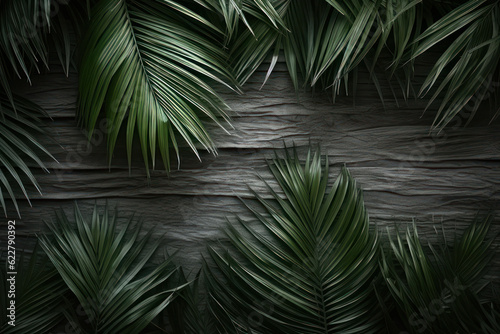 Background  palm leaves on the background of a stone wall. AI generative.