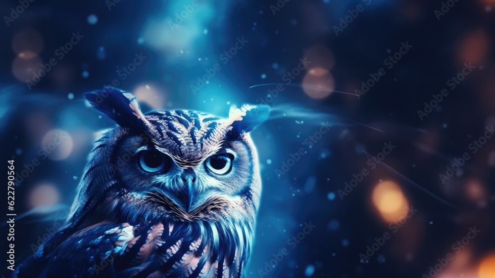 Ice blue great horned owl bird in foreground with snow bokeh blurred background, artistic up close avian portrait - generative AI