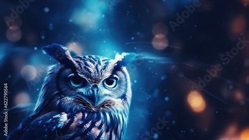 Ice blue great horned owl bird in foreground with snow bokeh blurred background, artistic up close avian portrait - generative AI