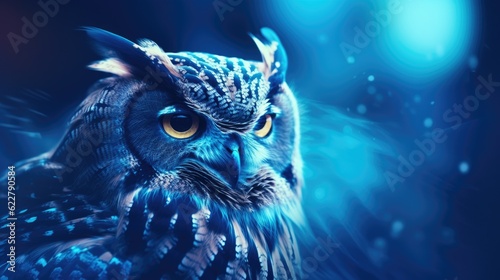 Ice blue great horned owl bird in foreground with snow bokeh blurred background, artistic up close avian portrait - generative AI photo