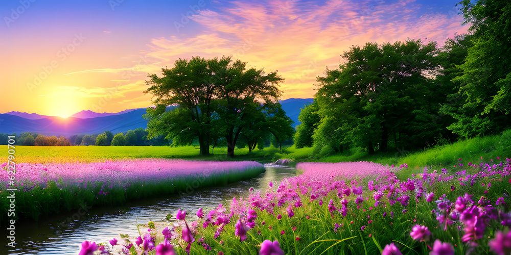 Summer concept background serene nature landscape with warm tone sunset Summer concept background serene nature landscape with warm tone sunset