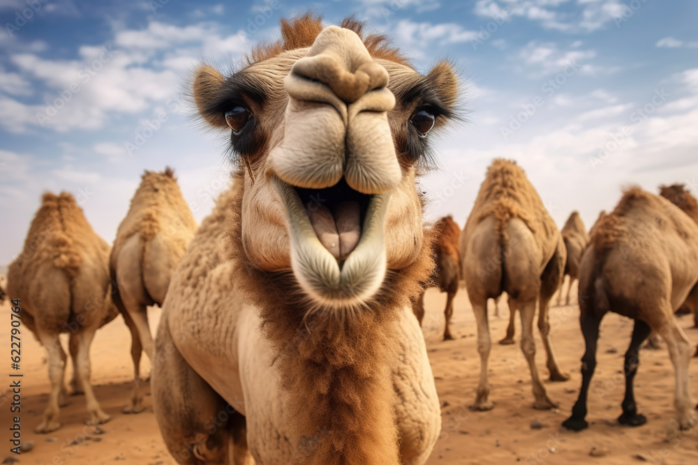 Obraz premium Camel in desert, funny portrait. Generative ai image