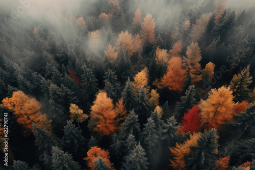Aerial shot of coniferous forest, top down view. Generative ai image