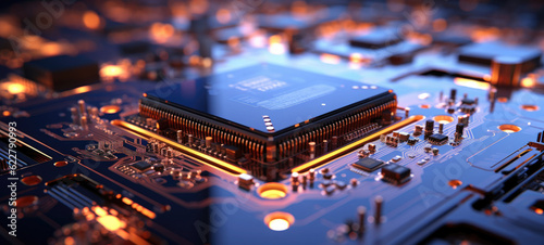 Close-up of modern computer micro chip in blue light