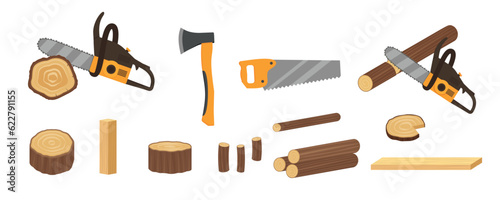 The illustration of wood and tools for cutting wood. Saws, ax, chainsaw