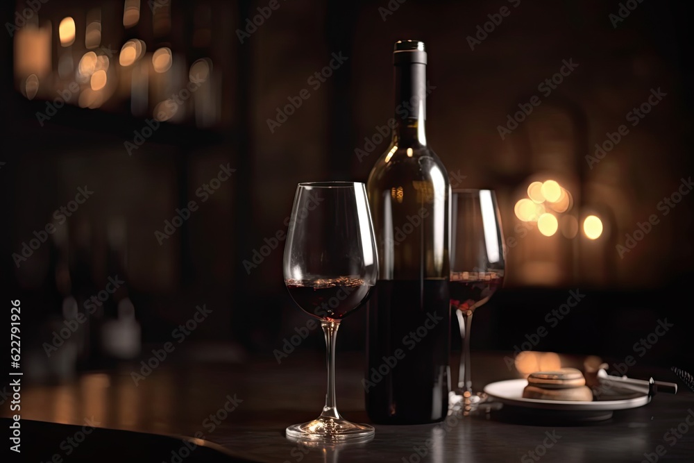 Restaurant background with two wine glasses and a wine bottle on table, copy space Restaurant background with two wine glasses and a wine bottle on table, copy space