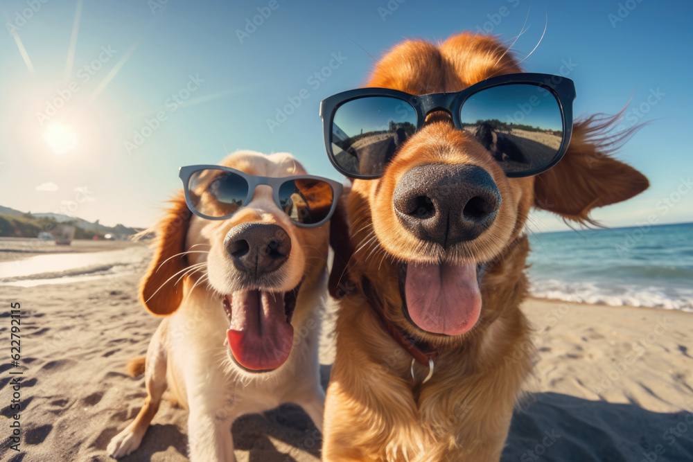 Two dogs are taking selfies on a beach wearing sunglasses, sunny day with blue water.	