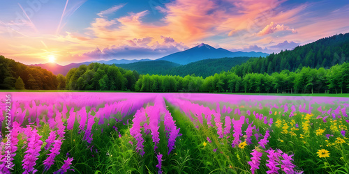 Summer concept background serene nature landscape with warm tone sunset and purple flowers in the foreground