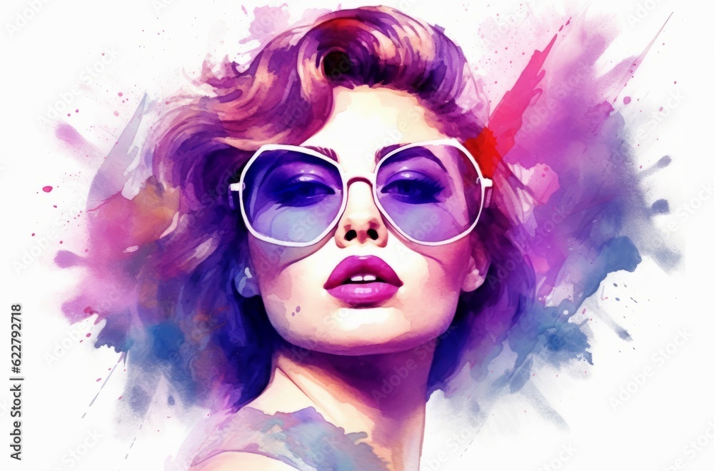 Fashion Portrait of a beautiful girl in sunglasses. Digital watercolor painting.
