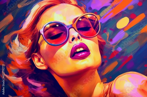 Fashion portrait of a sensual beautiful girl in purple sunglasses. Digital watercolor painting. Portrait of a attractive young woman with sunglasses. Fashion colorful illustration for your design