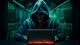 Hacker, hacker hacks network, hacker on a dark background. Dangerous Hooded Hacker Breaks into Government Data Servers, Generative Ai