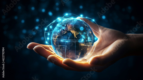 Hand holding Global network connection to big data around the world.a nd tecnology internet metaverse concept, Generative Ai photo